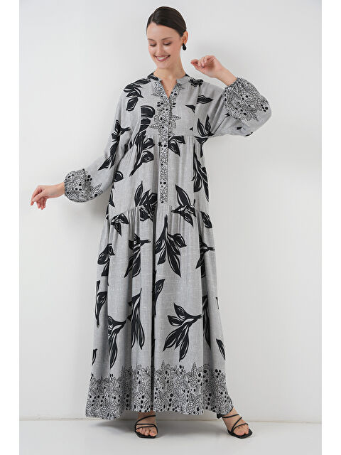 Bigdart 2423 Otantik Desenli Tesettür Elbise - Taş - S000273939-25636