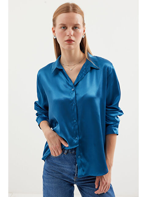 Bigdart 3964 Hafif Dökümlü Saten Gömlek - Petrol - S000089376-20019