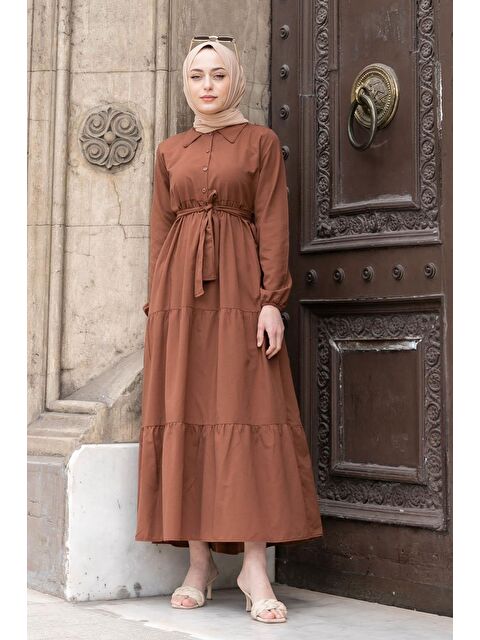 Lamelif Yarım Düğme Detaylı Terikoton Elbise Çikolata Kahve - S000517728-20637