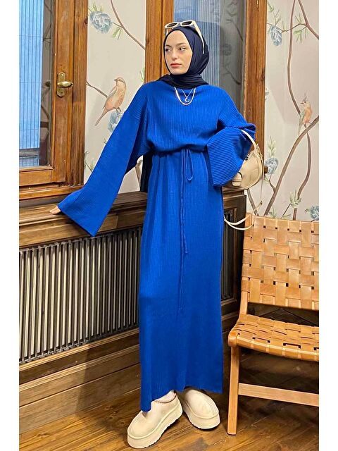 Lamelif Yarasa Kol Triko Elbise Saks Mavisi