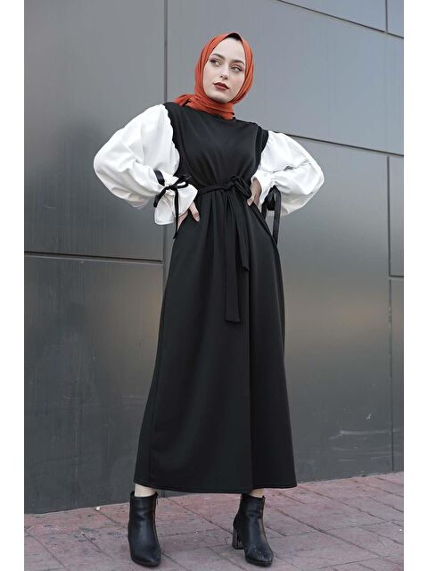 Lamelif Balon Kol Kemerli Elbise Siyah - S000517730-19351