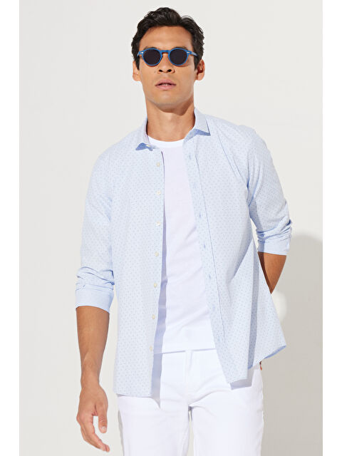 Altınyıldız Classics Erkek Mavi-Lacivert Slim Fit Dar Kesim İtalyan Yaka Baskılı Gömlek - S000515199-1342