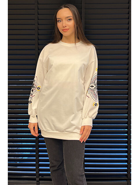 Gülseli Kol Baskılı Bisiklet Yaka Kadın Sweatshirt - S000320427-20063