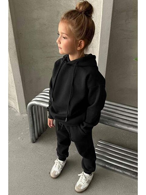 Riccotarz Kız Çocuk Şardonlu İp Detaylı Sweatshirt Pamuklu Siyah Eşofman Takım - S000482672-19351