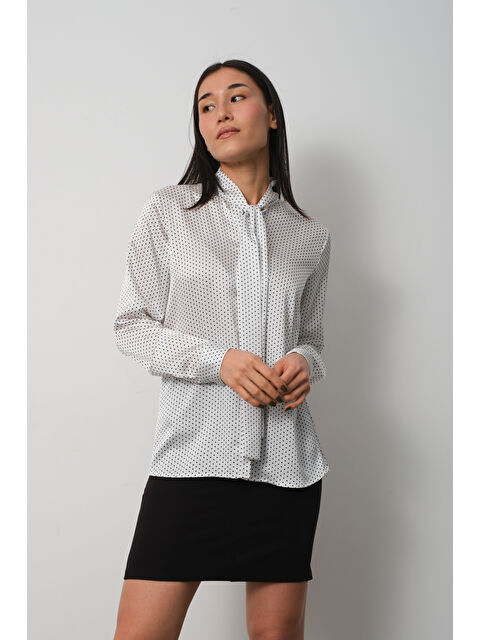 Pera Moda Önü Fularlı Puantiyeli Klasik Kadın Ofis Gömleği - S000315553-20063