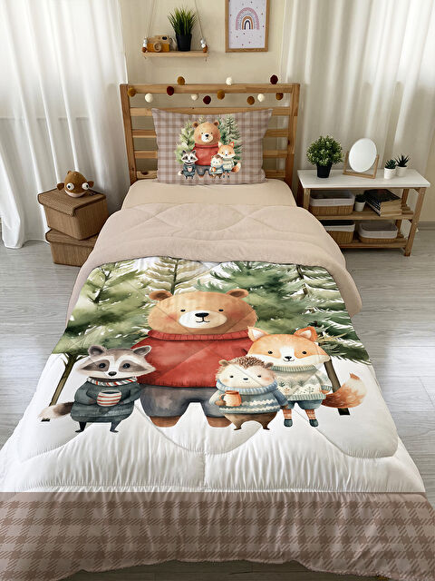 Evmila Çift Taraflı Sevimli Hayvan Desenli Kapitone Yorgan   Tek Kişilik Kişilik Uyku Seti - S000336271-23173