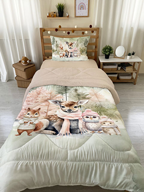 Evmila Çift Taraflı Sevimli Hayvan Desenli Kapitone Yorgan   Tek Kişilik Kişilik Uyku Seti - S000336274-23173