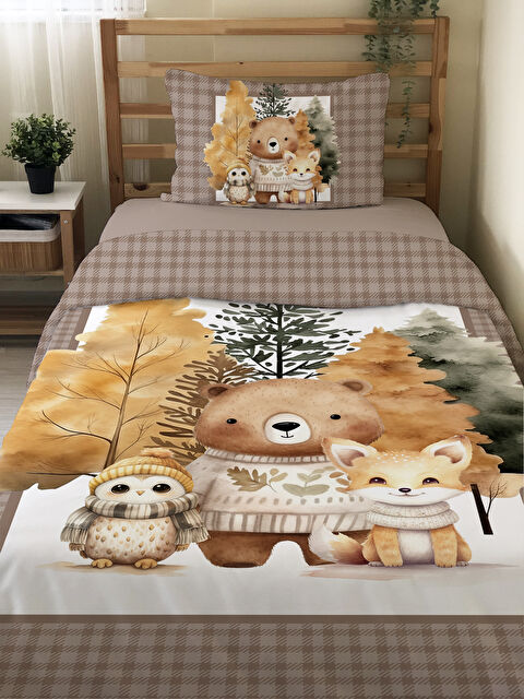 Evmila Sevimli Hayvanlar Desenli Çarşafsız 2 li Takım Baskılı Tek Kişilik Nevresim Takımı 160x220 cm - S000336276-23173