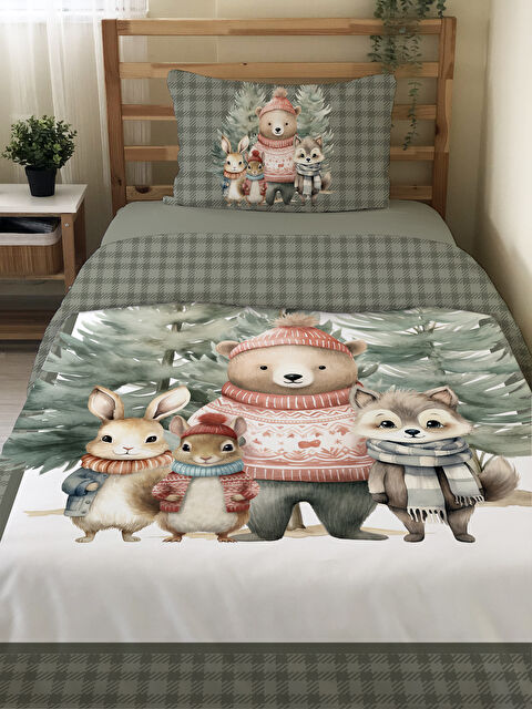 Evmila Sevimli Hayvanlar Desenli Çarşafsız 2 li Takım Baskılı Tek Kişilik Nevresim Takımı 160x220 cm - S000336277-23173