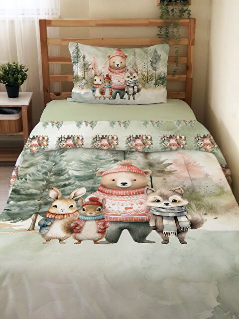 Evmila Sevimli Hayvanlar Desenli Çarşafsız 2 li Takım Baskılı Tek Kişilik Nevresim Takımı 160x220 cm - S000336278-23173