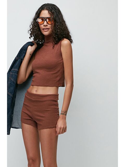 C&City Fitilli Balıkçı Yaka Kolsuz Tişört Şort Takım 9134 Kahve - S000235968-19413