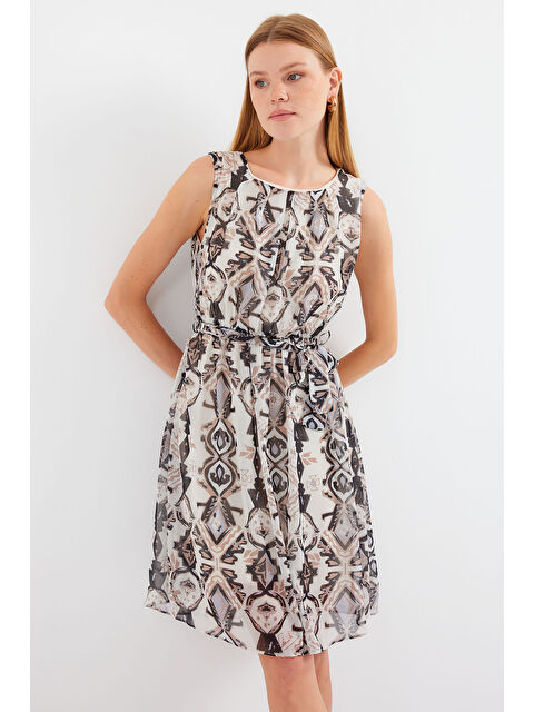 Bigdart 2501 Desenli Sıfır Kol Şifon Elbise - Siyah - S000375301-19351