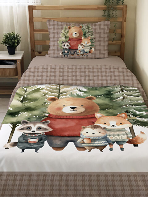 Evmila Sevimli Hayvanlar Desenli Çarşafsız 2 li Takım Baskılı Tek Kişilik Nevresim Takımı 160x220 cm - S000336284-23173