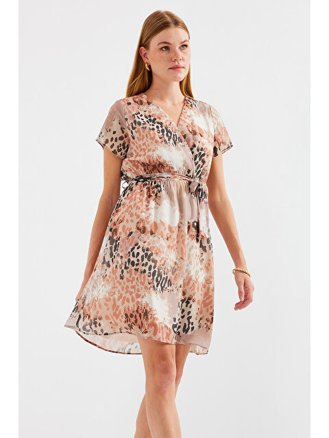 Bigdart 2502 Kısa Kol Desenli Şifon Elbise - Bej - S000375303-19928