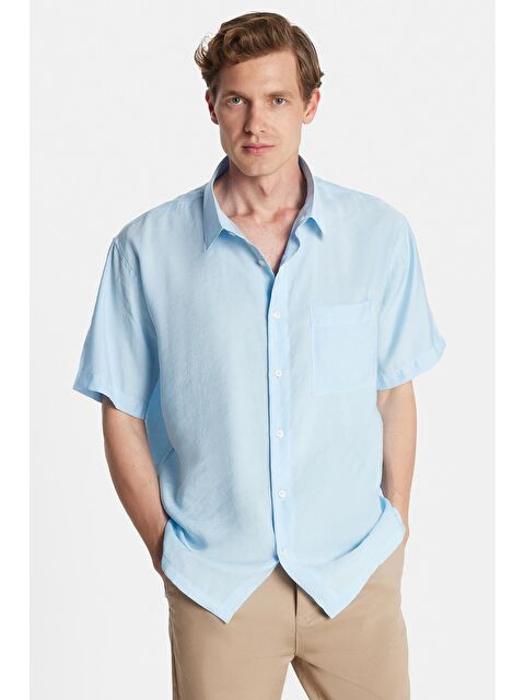 TUDORS Erkek Relax Fit Rahat Kullanım Modal Kumaş Tek Cepli Kısa Kollu Mavi Gömlek - S000520115-17234