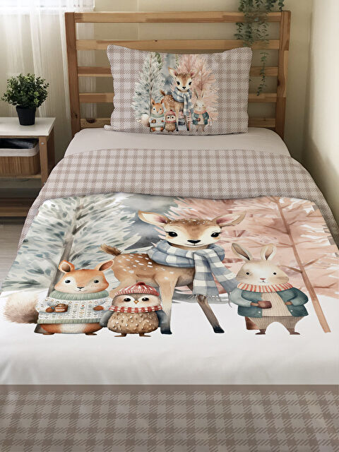 Evmila Sevimli Hayvanlar Desenli Çarşafsız 2 li Takım Baskılı Tek Kişilik Nevresim Takımı 160x220 cm - S000336287-23173