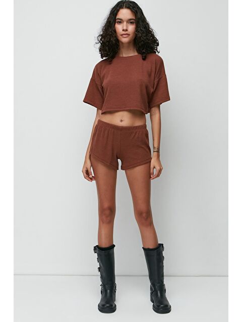 C&City Fitilli Kısa Kol Tişört Şort Takım 9137 Kahve - S000235971-19413