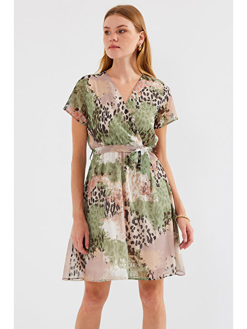 Bigdart 2502 Kısa Kol Desenli Şifon Elbise - Çağla - S000375303-5236