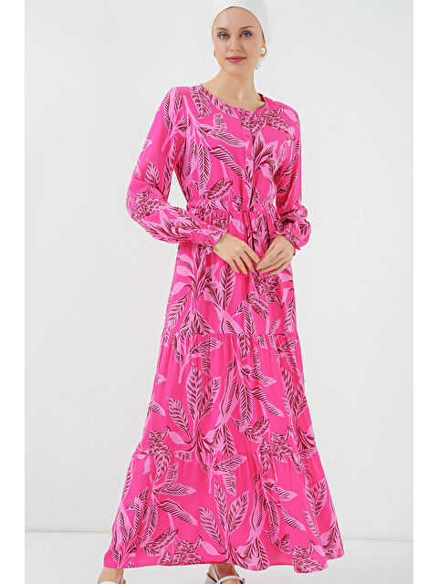 Bigdart 2145 Desenli Tesettür Elbise - Fuşya - S000089482-18686