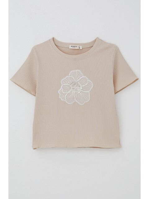 Breeze Kız Çocuk Tişört Tül Çiçek Armalı Boncuk Aksesuarlı Kemer Boy Bej (8-14 Yaş) - S000505652-19928