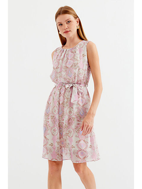 Bigdart 2501 Desenli Sıfır Kol Şifon Elbise - Pembe - S000375301-20024