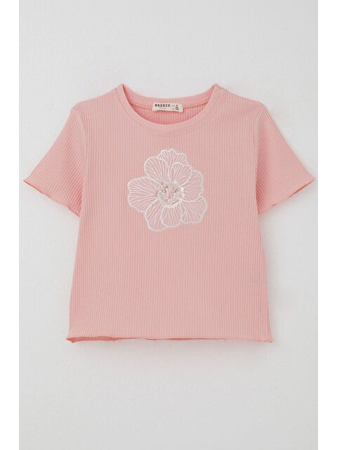Breeze Kız Çocuk Tişört Tül Çiçek Armalı Boncuk Aksesuarlı Kemer Boy Pembe (8-14 Yaş)