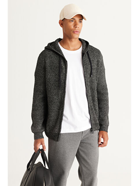 Altınyıldız Classics Erkek Antrasit-Melanj Standart Fit Normal Kesim Kapüşonlu Pamuklu Triko Hırka - S000403489-29666