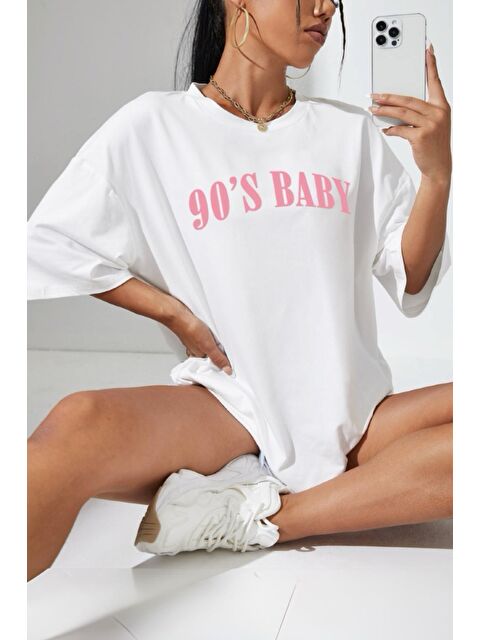 Oksit 90'S Baby Ön Baskılı Bisiklet Yaka Kadın Oversize Tshirt - S000159464-20063