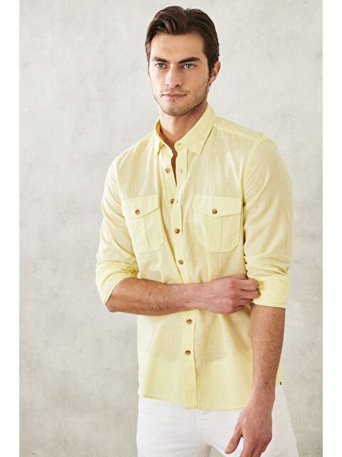 Altınyıldız Classics Erkek Sarı Slim Fit Dar Kesim Düğmeli Yaka %100 Pamuk Flamlı Gömlek - S000515201-20072