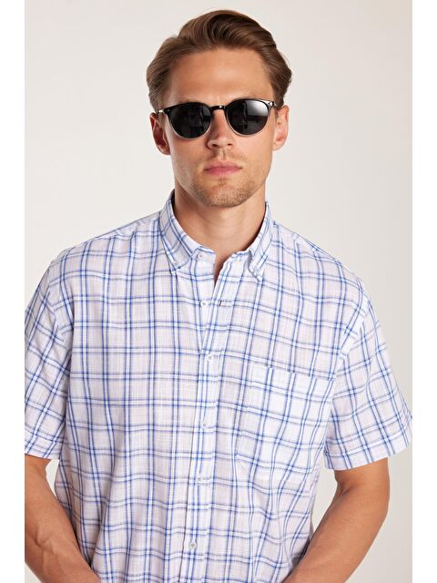 TUDORS Erkek Regular Fit Klasik Kesim %100 Pamuk Keten Doku Cepli Kareli Kısa Kollu Düğmeli Yaka Gömlek - S000520130-23173