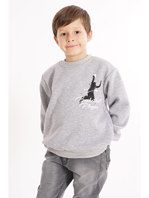 Zepkids Bisiklet Yaka Şardonlu Basketball Baskılı Gri Renk Erkek Çocuk Sweat - S000357110-20600