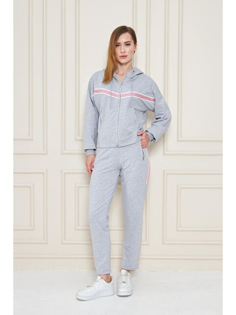TRENDHILL Kadın Pamuklu Tam Fermuarlı Kapüşonlu Eşofman Takımı Gri 5552-G - S000529320-20600