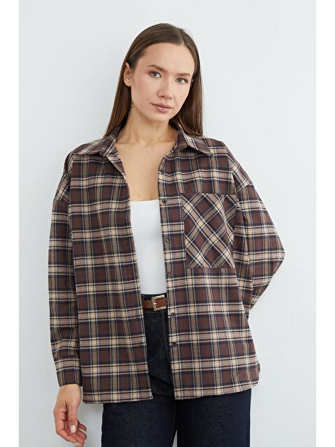 Fullamoda Ekose Desenli Tek Cepli Oversize Gömlek - S000527838-19413