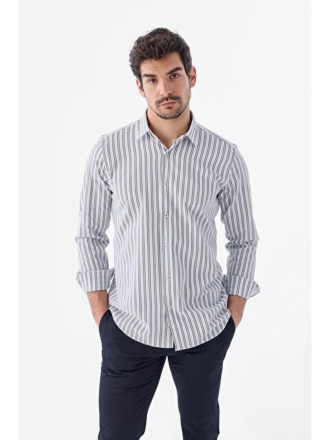 JAKAMEN Koyu Lacivert Comfort Fit Desenli Esnek Kumaş Pamuklu Spor Gömlek - S000495857-21164