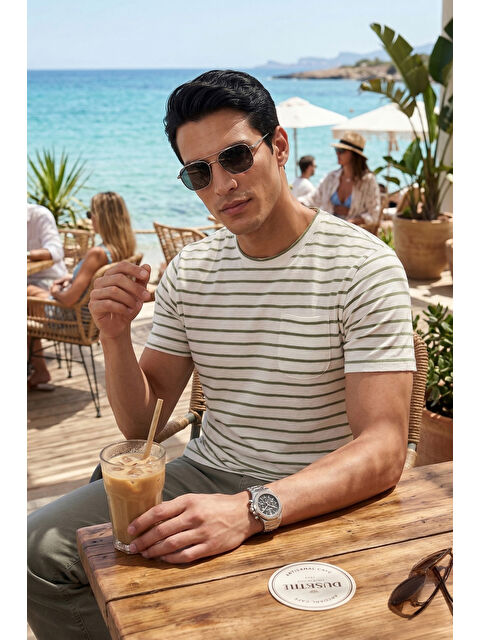 Buratti Pamuklu Çizgili Cep Detaylı Bisiklet Yaka T Shirt 5904057