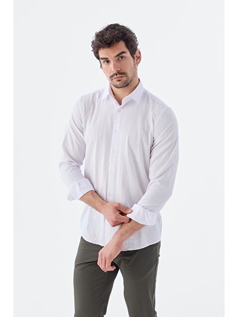 JAKAMEN Beyaz Comfort Fit Desenli Esnek Kumaş Pamuklu Spor Gömlek - S000495857-20063