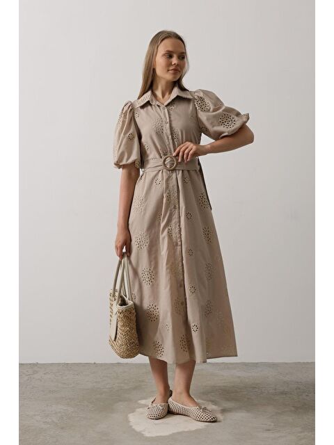 Jane's Balon Kol Kemerli Brode Elbise - Taş - S000527841-20076