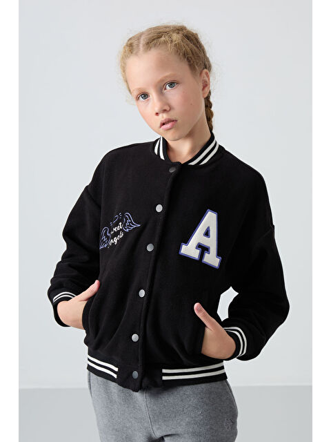 Tommylife Siyah Kalın Yumuşak Dokulu Standart Fit Nakışlı Polar Kız Çocuk Kolej Ceket - 75156 - S000330287-19351