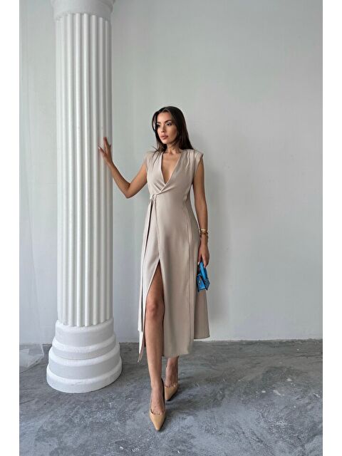 Jane's KRUVAZE VATKALI KOLSUZ ELBİSE MODAL KUMAŞ - Bej - S000527845-19928