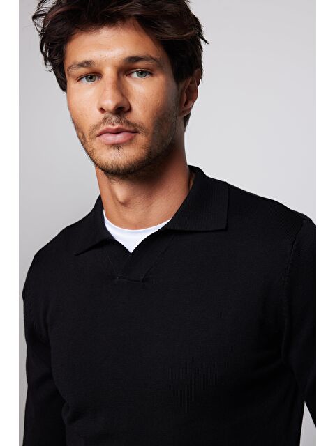 TUDORS Erkek Standart Fit Normal Kesim Polo V Yaka Siyah Triko Kazak - S000080657-19351