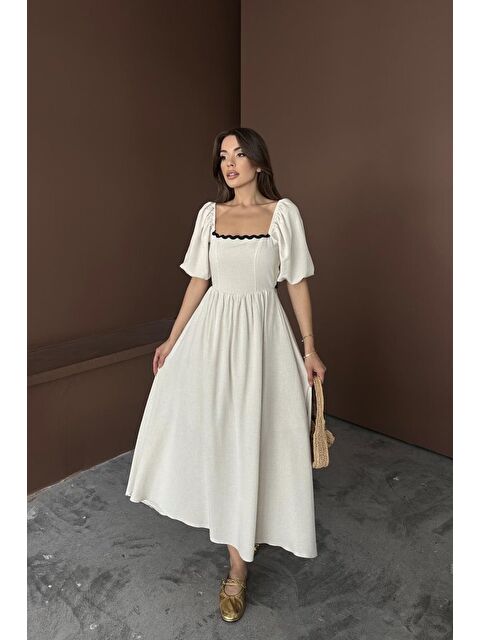 Jane's Bej Arkası Bağlamalı Keten Elbise - S000527846-19928