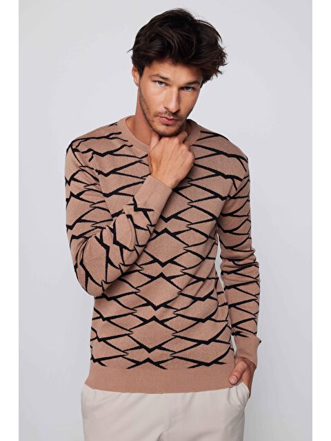 TUDORS Erkek Slim Fit Dar Kesim Bisiklet Yaka Jakarlı Vizon-Siyah Kazak