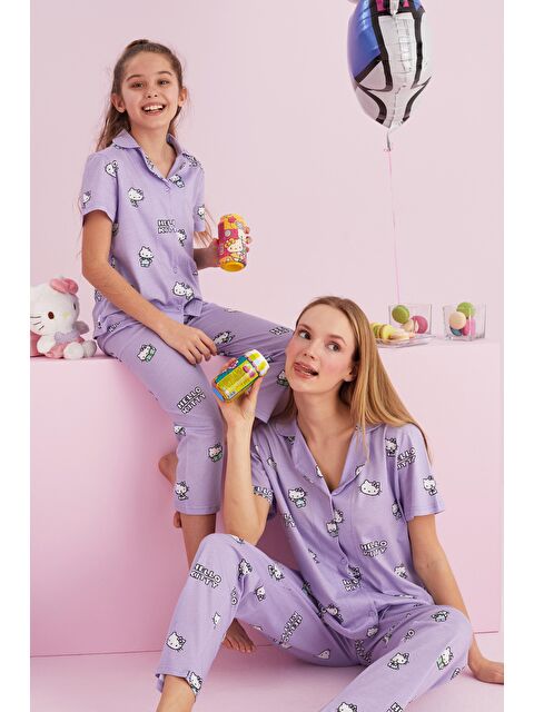 Siyah İnci Hello Kitty Lisanslı %100 Pamuk Lila Çok Renkli Düğmeli Pijama Takım - S000187386-17878