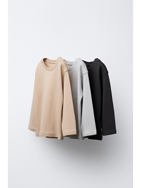 Magu Unisex Çocuk Pamuklu 3'Lü Uzun Kollu Tişört Seti – Bej, Gri Melanj, Siyah - S000482682-23173