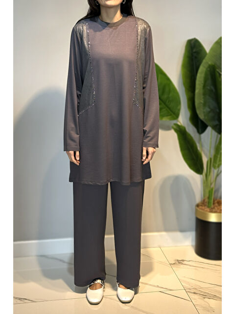 Remsa Penye Taş Detaylı Tunik Pantolon Takım 45-91 Antrasit - S000511538-29666