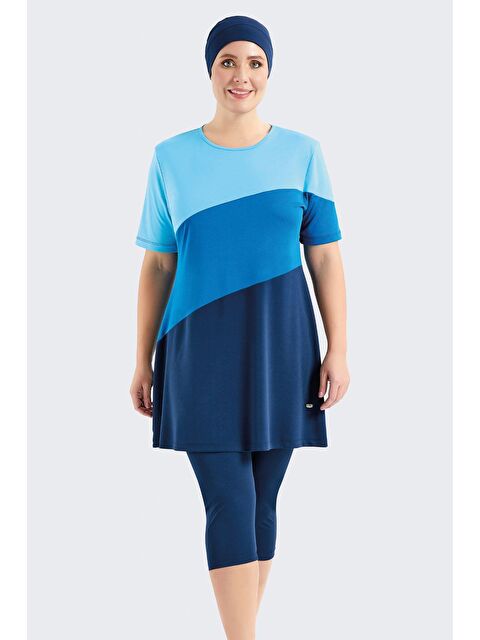 C&City Büyük Beden Kısa Kol Taytlı Yarım Kapalı Tesettür Mayo C11206 Lacivert - S000215943-21164