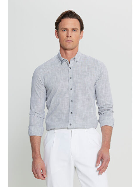 Altınyıldız Classics Erkek Antrasit %100 Pamuk Slim Fit Düğmeli Yaka Armürlü Flamlı Gömlek - S000527413-29666