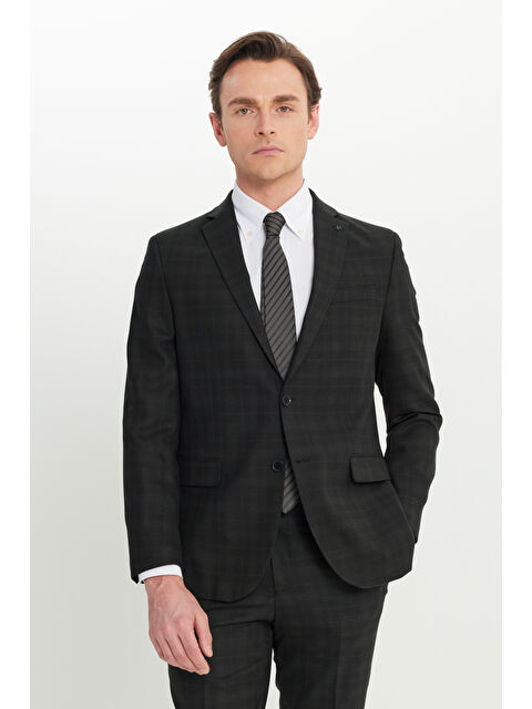 Altınyıldız Classics Erkek Siyah-Gri Yün Slim Fit Dar Kesim Mono Yaka Kapak Cepli Kareli Esnek Takım Elbise - S000530507-37430
