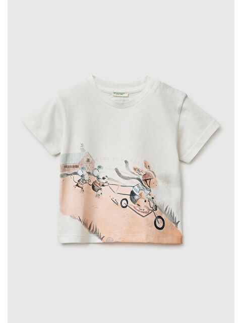 United Colors Of Benetton Bebek Beyaz Su Bazlı Baskılı Omzu Gizli Çıtçıtlı Yuvarlak Yaka T-Shirt