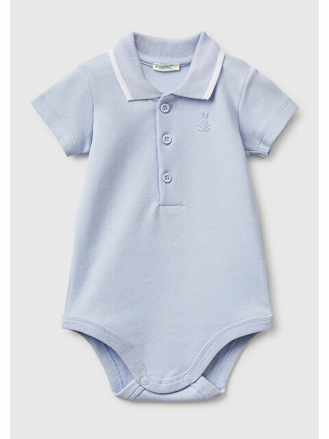 United Colors Of Benetton Bebek Toz Mavi Göğsü Logolu Polo Yaka Çıtçıtlı Kısa Kollu Body